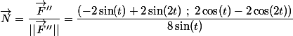 \vec{N}=\dfrac{\vec{F}''}{||\vec{F}''||}=\dfrac{\left( -2 \sin(t) +2\sin(2t) ~;~ 2 \cos(t) - 2\cos(2t)\right)}{8\sin (t)}